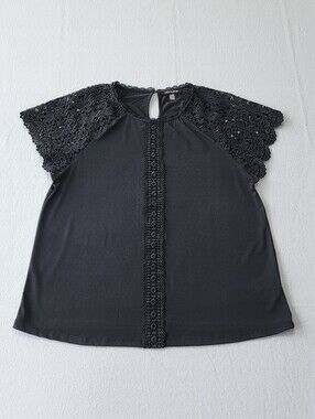 Cable & Gauge Black Lace Sleeve Blouse Top Women’s Large Boho Crochet